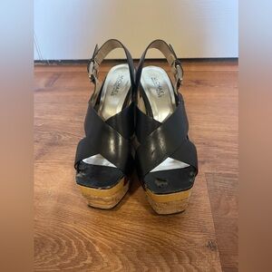 MICHAEL Michael Kors black and tan cork wedge sandals​​​​​​